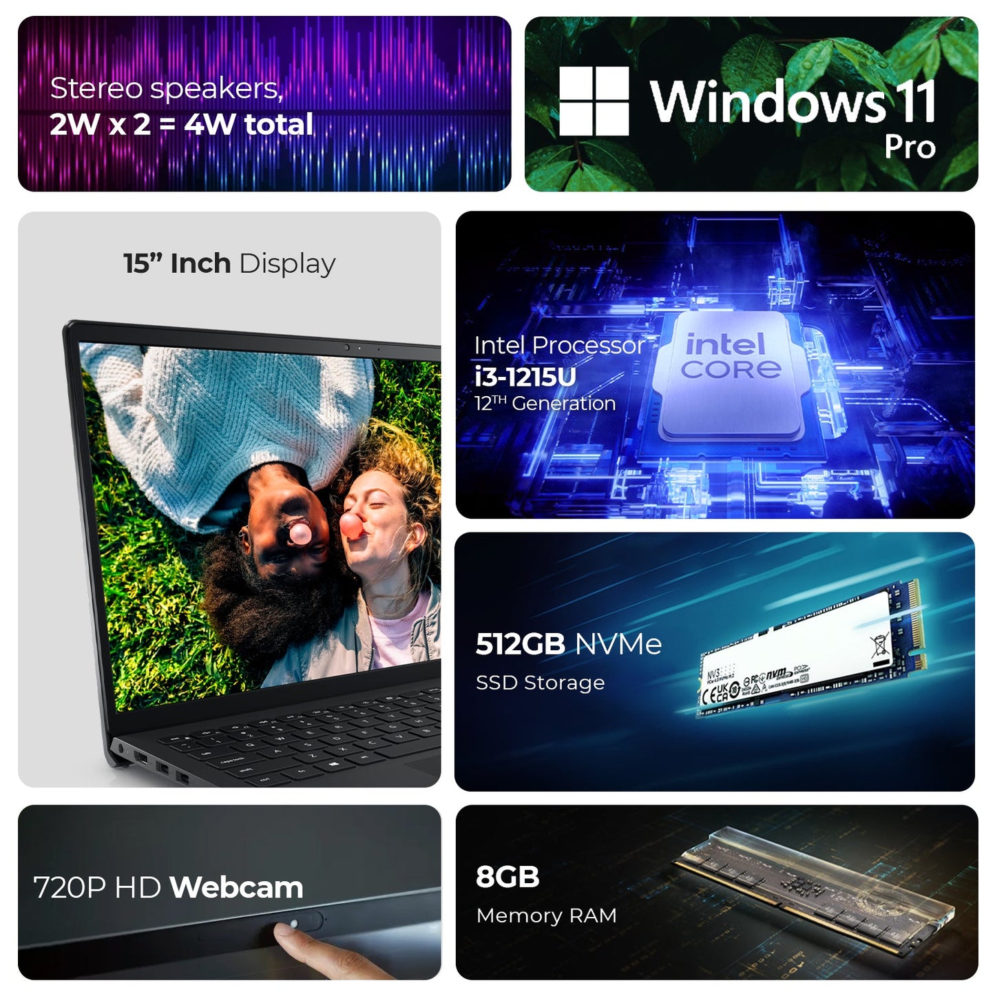 Dell Laptop Inspiron 3520, 12th Generation Intel i3-1215U, Win11 Pro, HD Webcam, 15.6 Display (Includes 1st Wave Laptop Stand + Wireless Mouse + Mouse pad + Antivirus) - 8GB RAM, 512GB SSD