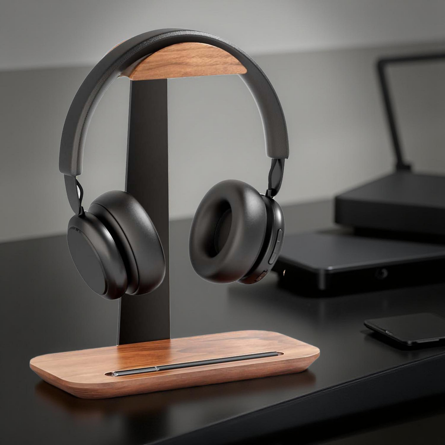 First Wave Headset Stand – Premium Walnut Wood Headphone Holder with Storage Base & Aluminum Support | Sleek Desktop Organizer for AirPods Max/Beats/Bose/Sony/Sennheiser/Gaming Headphones