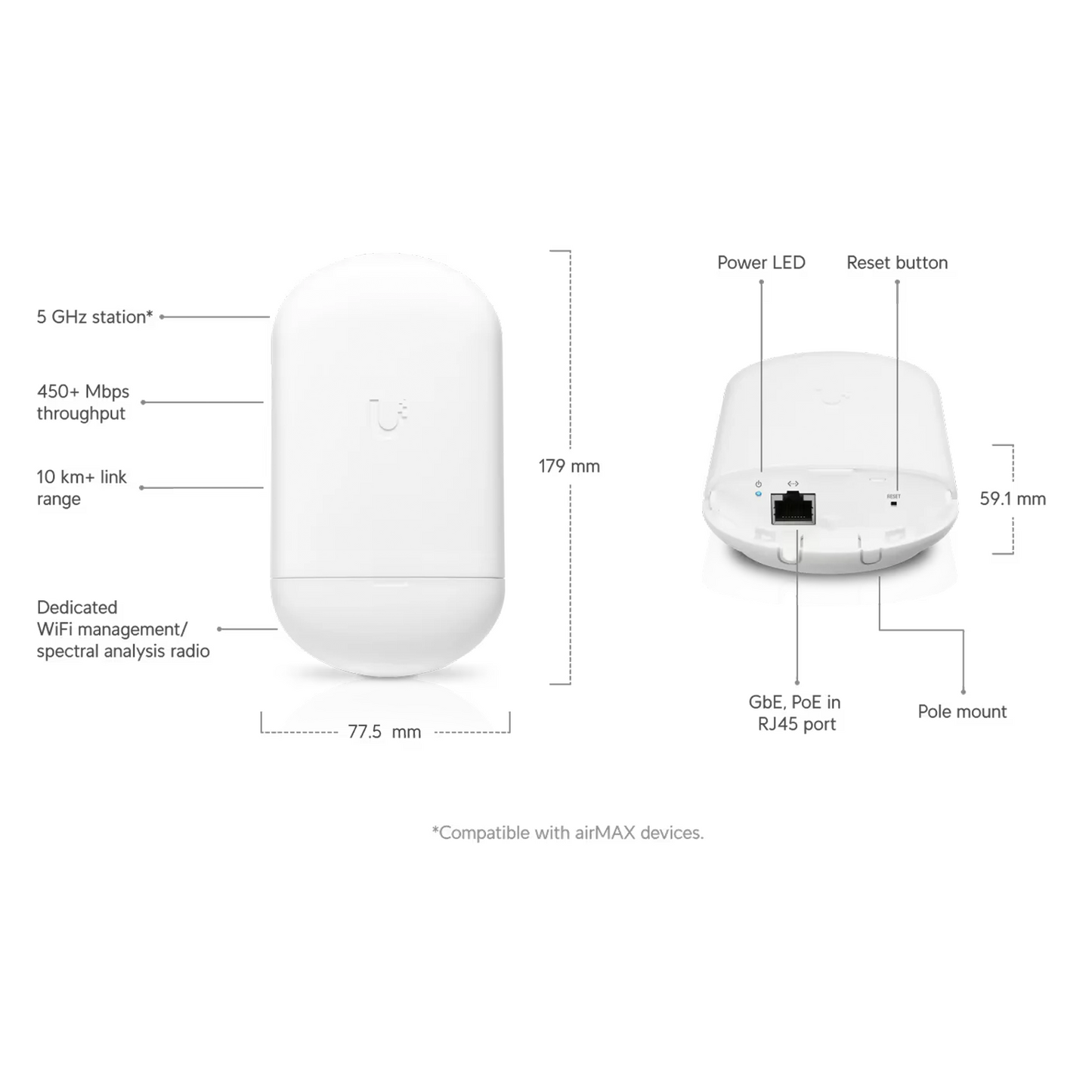 Ubiquiti Networks NanoStation Loco 5AC Outdoor Wireless Bridge – 5 GHz (450+ Mbps), 13 dBi Integrated Antenna, 10+ km Range, PoE Support, Compact Weather-Resistant Design, White