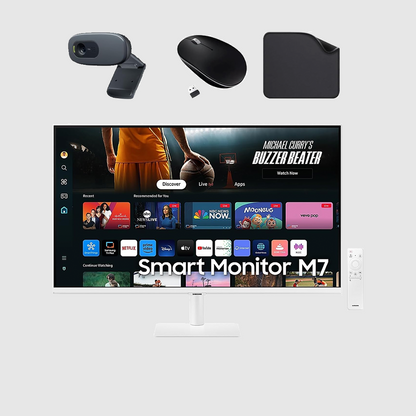 Samsung 32" Smart Business Monitor M70D - Multi Device Experience, 32-Inch Screen, Sleek White Design - Includes C270 HD WebCam + Wireless Mouse + Mouse Pad (LS32DM703UMXUE)