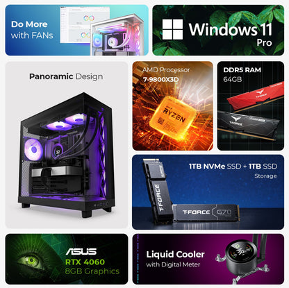 FIRST WAVE STEALTH Gaming PC - AMD Ryzen 7-9800X3D, 64GB DDR5 RAM, 1TB NVMe SSD + 1TB SDD, Nvidia RTX4060 8GB Graphic-Win11 Pro,1+1 Year Warranty - video editing, 3D Modelling, Deep Learning