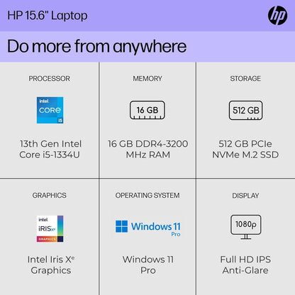 HP 15 inch Laptop (Include FREE 1st Wave 8 in 1 HUB + Mouse + Antivirus + Mouse Pad) 13th Gen Intel Core i5-1334U, 16GB RAM - 512GB SSD, Intel Iris Xe Graphics, Window 11 Pro (Upgrade) - FD0355NIA