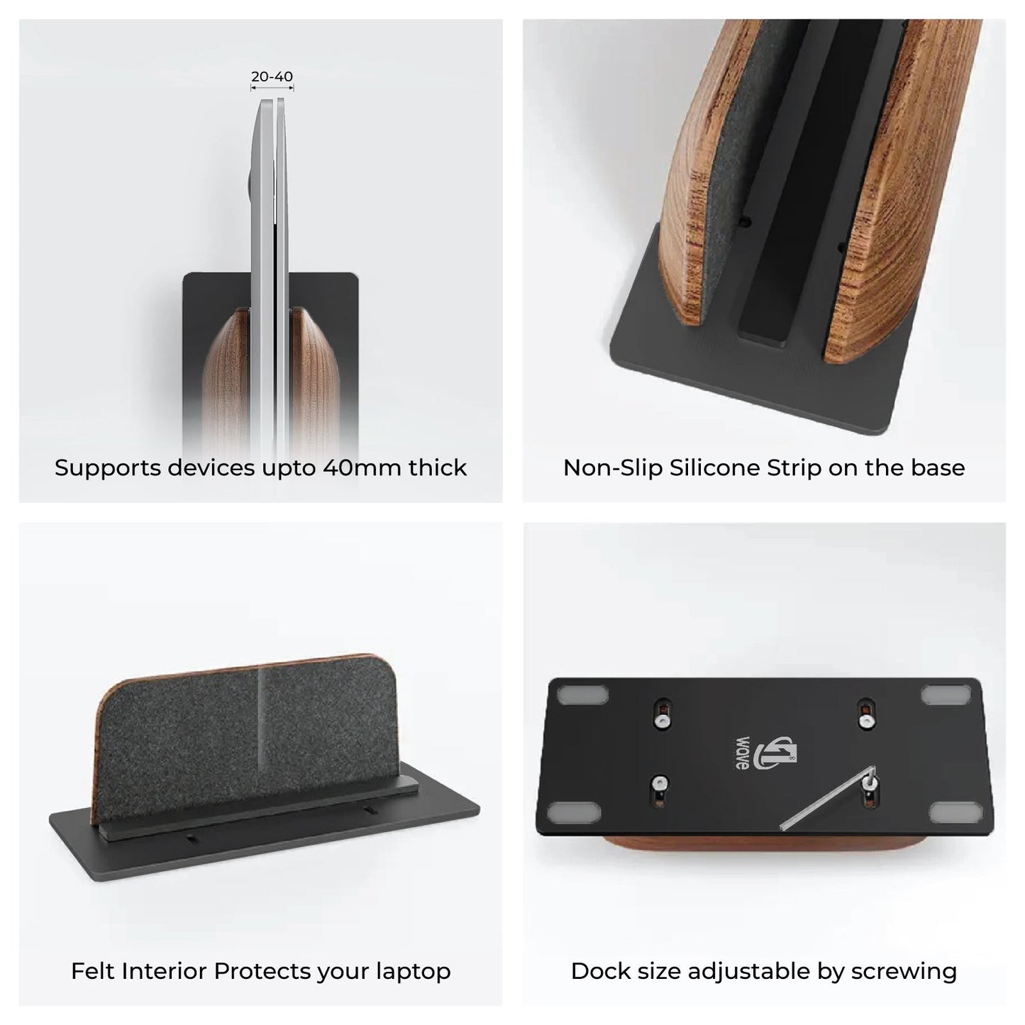 First Wave Vertical Laptop Stand – Premium Black Walnut Wood Dock for MacBook, MacBook Pro & All Laptops 13/14/15/15.6/17 inches – Space-Saving Wooden Laptop Holder for Desk Organization & Cooling