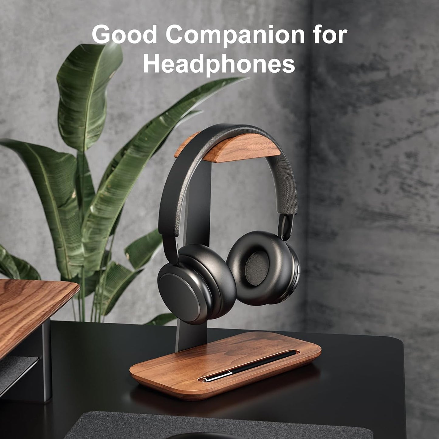 First Wave Headset Stand – Premium Walnut Wood Headphone Holder with Storage Base & Aluminum Support | Sleek Desktop Organizer for AirPods Max/Beats/Bose/Sony/Sennheiser/Gaming Headphones