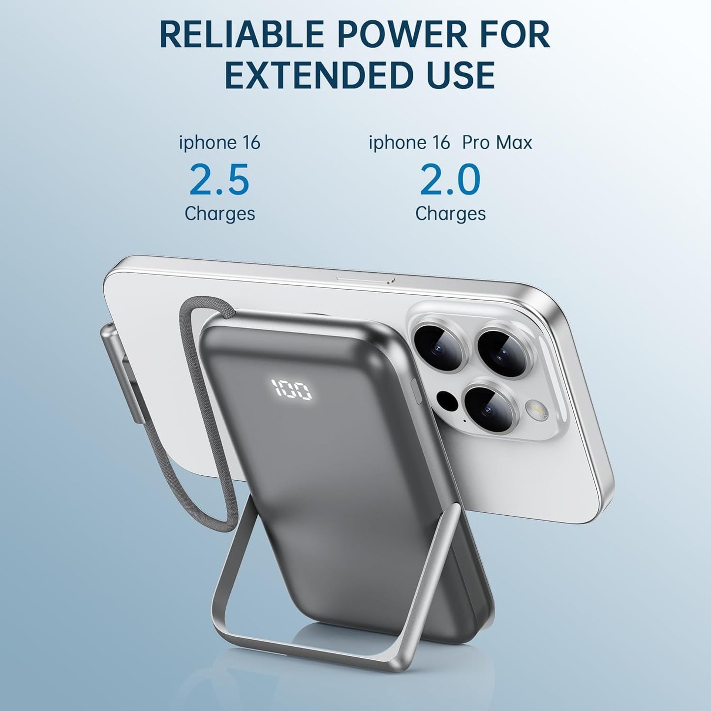 EKR 10,000mAh Power Bank with Stand, Built-in Cable, 20W PD Fast Charging for iPhone 16/15/14/13/12/11 series/Samsung 25Ultra/Android/Airpods (Titanium Black)