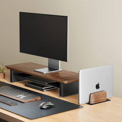 First Wave Vertical Laptop Stand – Premium Black Walnut Wood Dock for MacBook, MacBook Pro & All Laptops 13/14/15/15.6/17 inches – Space-Saving Wooden Laptop Holder for Desk Organization & Cooling
