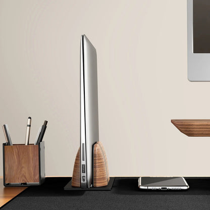 First Wave Vertical Laptop Stand – Premium Black Walnut Wood Dock for MacBook, MacBook Pro & All Laptops 13/14/15/15.6/17 inches – Space-Saving Wooden Laptop Holder for Desk Organization & Cooling