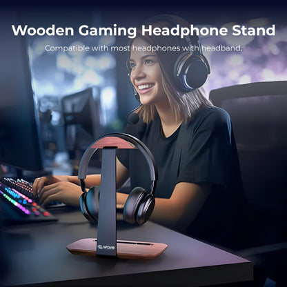 First Wave Headset Stand – Premium Walnut Wood Headphone Holder with Storage Base & Aluminum Support | Sleek Desktop Organizer for AirPods Max/Beats/Bose/Sony/Sennheiser/Gaming Headphones