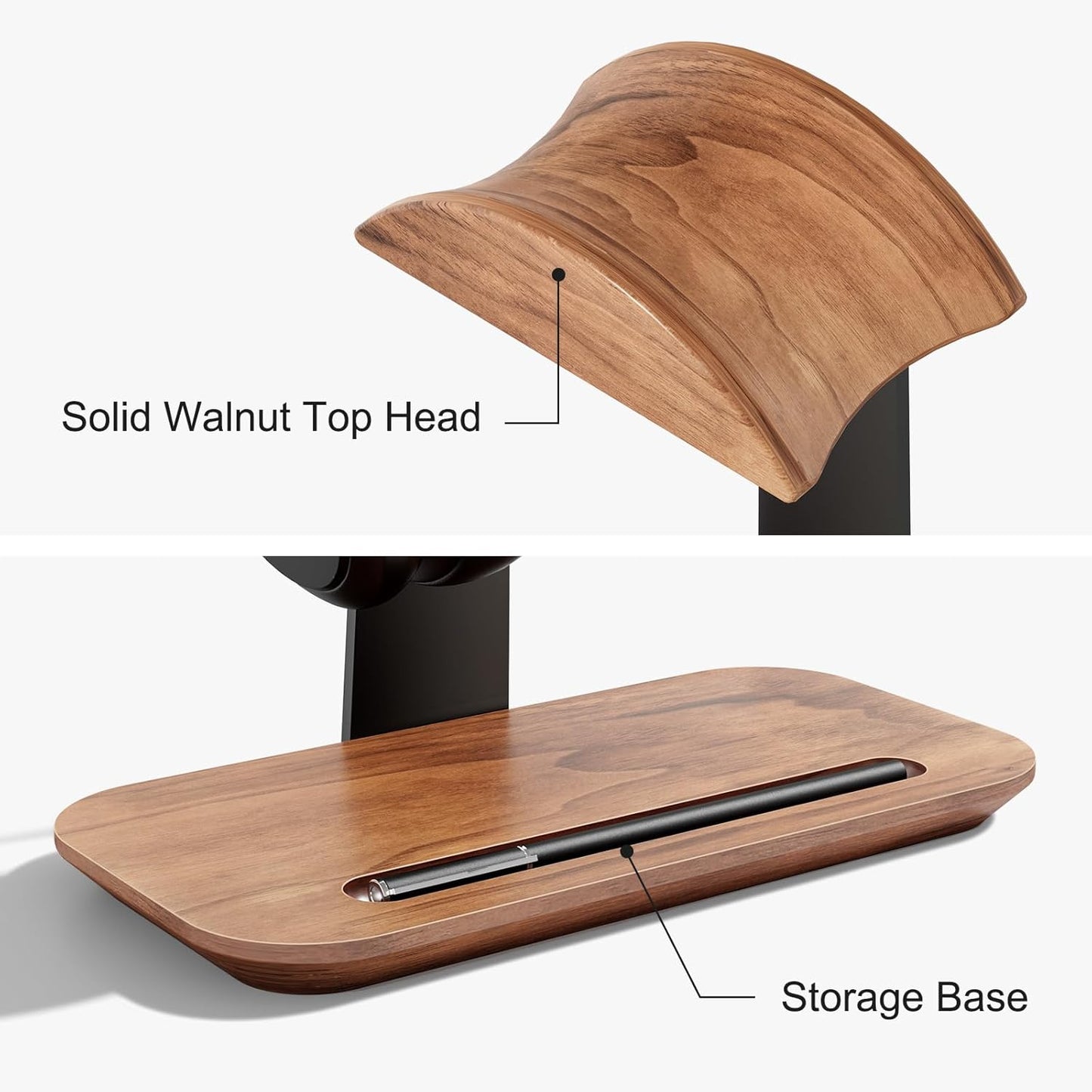 First Wave Headset Stand – Premium Walnut Wood Headphone Holder with Storage Base & Aluminum Support | Sleek Desktop Organizer for AirPods Max/Beats/Bose/Sony/Sennheiser/Gaming Headphones