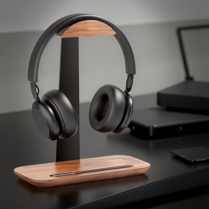 First Wave Headset Stand – Premium Walnut Wood Headphone Holder with Storage Base & Aluminum Support | Sleek Desktop Organizer for AirPods Max/Beats/Bose/Sony/Sennheiser/Gaming Headphones