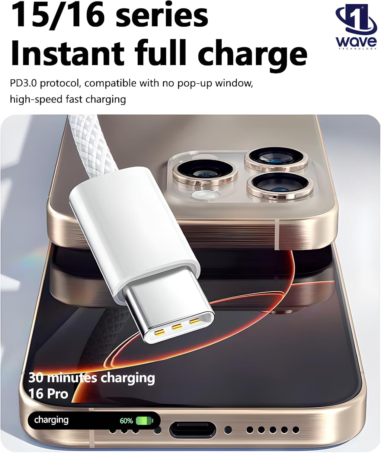 FIRST WAVE USB C Cable 1M, 60W Braided USB C to Type C, Data Transfer & PD Fasting Charging Compatible for iPhone 16 Pro Max/MacBook/Tablets/Galaxy S25 Ultra/Samsung/Huawei/Xiaomi