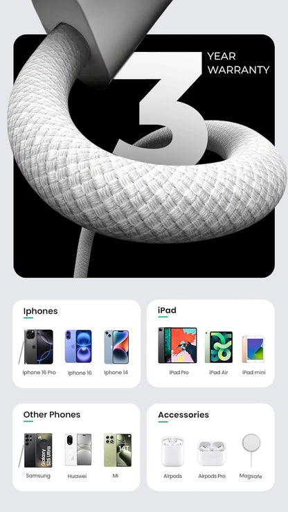 FIRST WAVE USB C Cable 1M, 60W Braided USB C to Type C, Data Transfer & PD Fasting Charging Compatible for iPhone 16 Pro Max/MacBook/Tablets/Galaxy S25 Ultra/Samsung/Huawei/Xiaomi