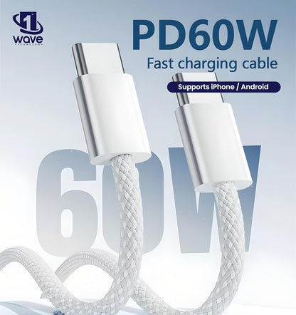 FIRST WAVE USB C Cable 1M, 60W Braided USB C to Type C, Data Transfer & PD Fasting Charging Compatible for iPhone 16 Pro Max/MacBook/Tablets/Galaxy S25 Ultra/Samsung/Huawei/Xiaomi