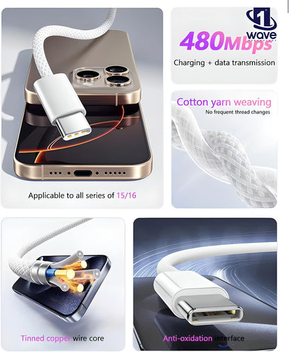 FIRST WAVE USB C Cable 1M, 60W Braided USB C to Type C, Data Transfer & PD Fasting Charging Compatible for iPhone 16 Pro Max/MacBook/Tablets/Galaxy S25 Ultra/Samsung/Huawei/Xiaomi