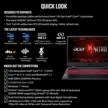Acer Nitro V ANV15 Gaming Laptop | i5 12th/13th Gen | 8GB | 512GB SSD | 6GB NVIDIA GeForce RTX 3050 | 15.6" FHD 144Hz IPS Display